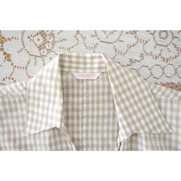 Lorenzini Tan White Gingham Check Cotton Sleeveless Collared Wrap Top I US S - Picture 4 of 4